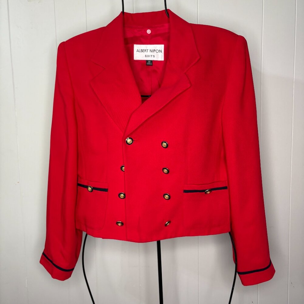Vintage 70s 80s Albert Nipon Red Cropped Blazer Jacket Gold Buttons‎ Size 10